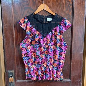 MELLODAY Vibrant Floral Blouse with Black Sheer Neckline